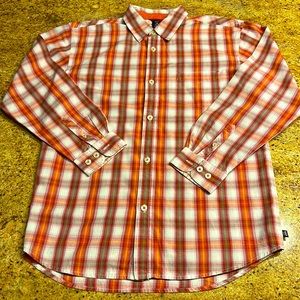 GAPKIDS BOYS PLAID COTTON SHIRT IN RED, ORANGE, WHITE AND GREEN. SIZE XXL(14-16)